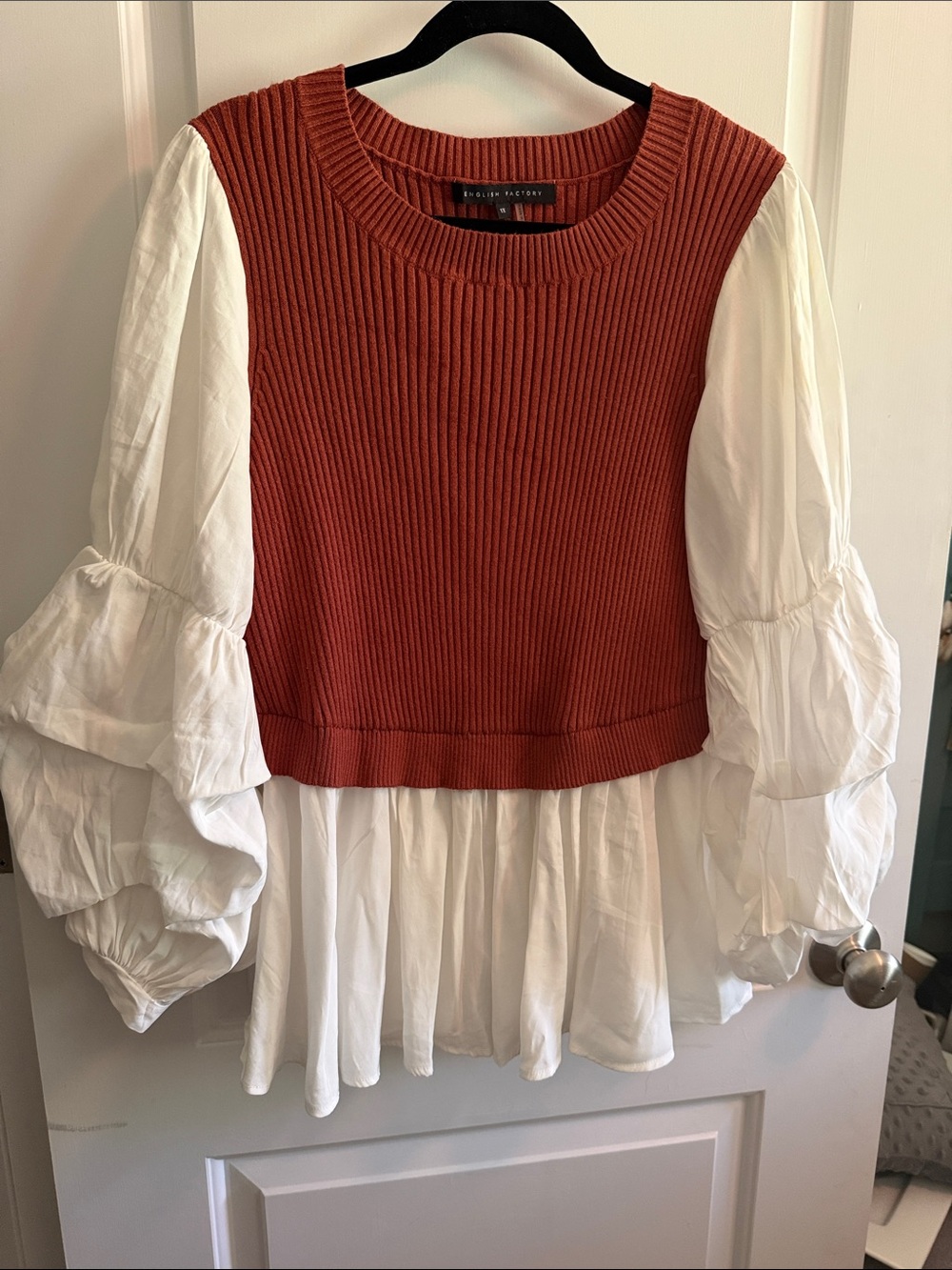 English Factory Rust Ribbed Sweater Top with White Ruffled Sleeves